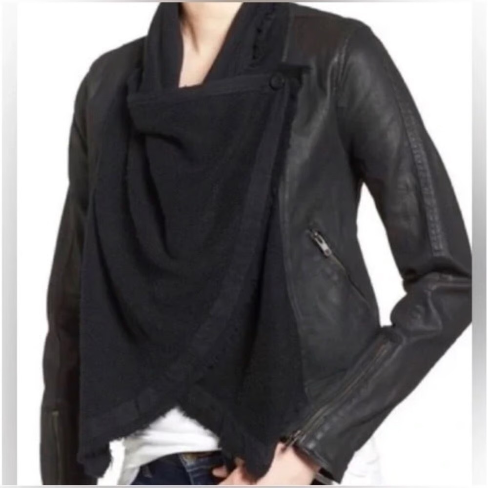 EUC Free People Shawl Drape Front Coated Denim Moto Jacket